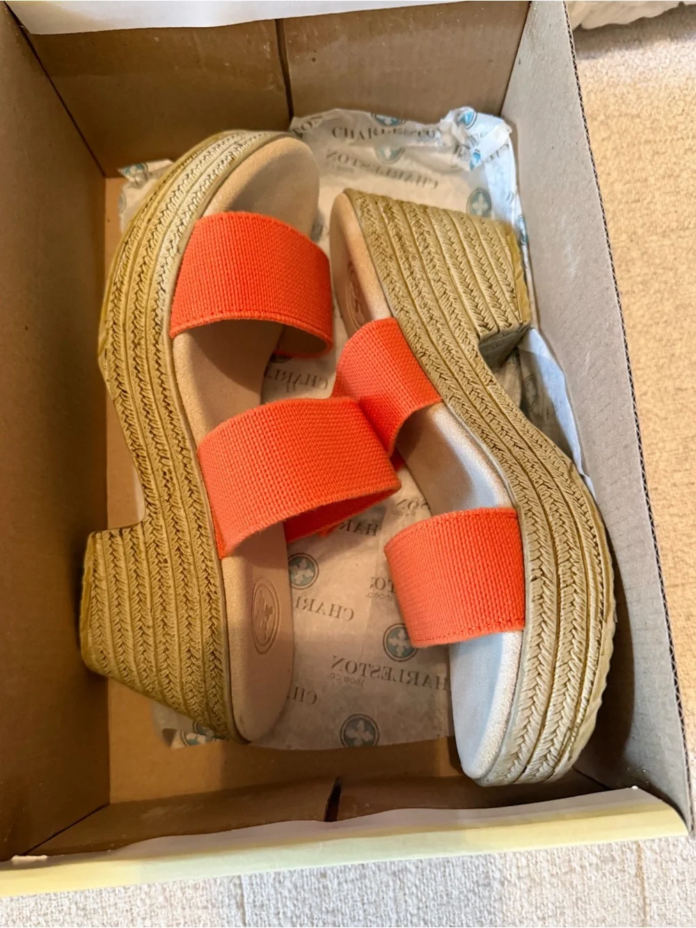 CHARLESTON SHOE CO. Box with Teal and Brown Logo Pattern